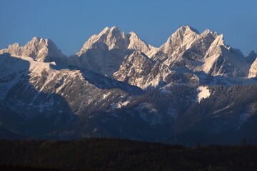 The snow-capped peaks of the High Tatras mountains (with Vysoka and Rysy) from viewpoint Pass over Lapszanka (Pass over Łapszanka), Podhale, Poland