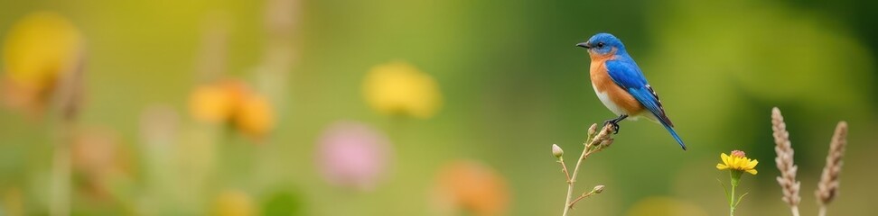 Vibrant bluebird perched on dry stem, wildflowers blurred background, nature, avian, image