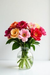 Obraz premium Vibrant blooms in glass vase, pure white backdrop, elegance, photography