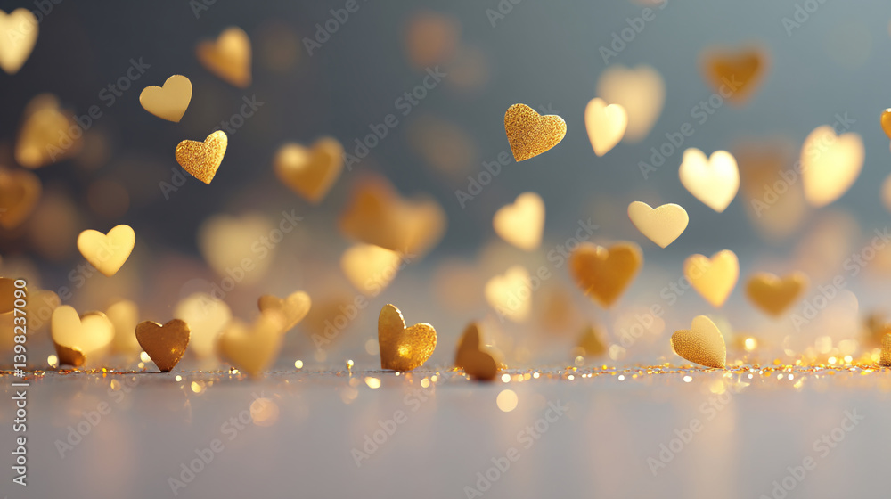 Poster a soft focus image of golden heart shaped confetti floating and scattered on a light surface
