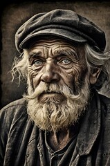 Fototapeta premium Vintage-style charcoal drawing of an elderly man wearing a wool hat, calmly smoking a pipe. His beard is rough and untrimmed,Generative Ai 