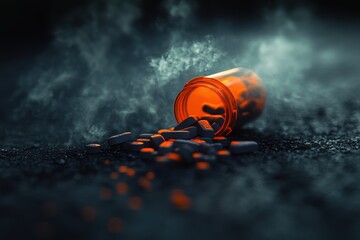 Accidental spill of prescription pills dark background still life dramatic lighting close-up substance abuse awareness