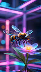 Naklejka premium Cyber Bee Drone Pollinating Digital Flower