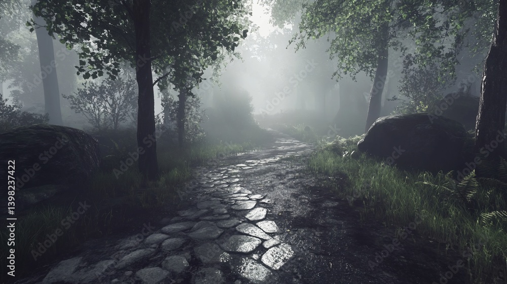 Poster misty forest path with stone road, sunlight filtering through trees.