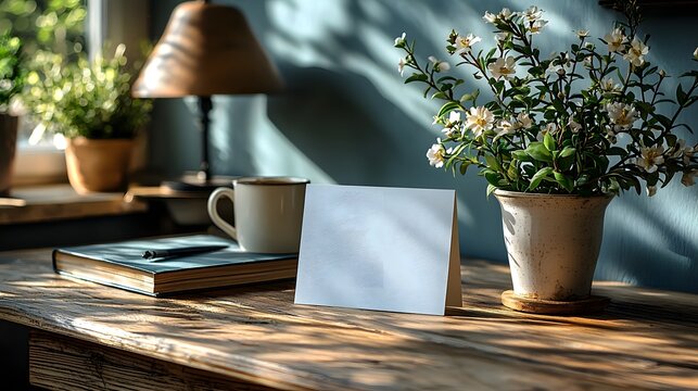 A clean well organized desk with a flowering plant motivational book and a blank white card