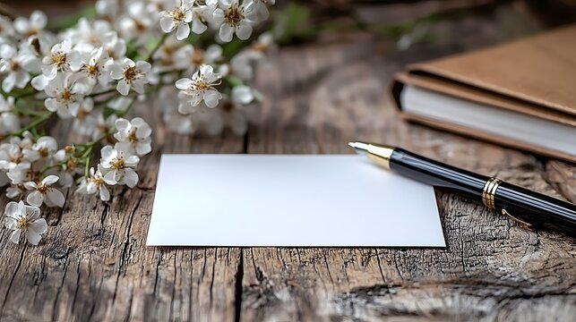 Blank white card on a desk with spring blossoms