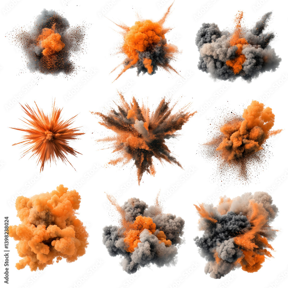 Poster thick bunch of orange and black smoke rising dramatically against a clear background creating a myst