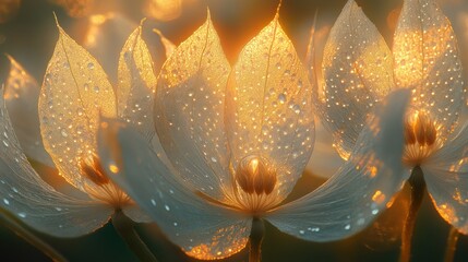 Delicate white flowers, illuminated by golden light, showcasing intricate details and water droplets