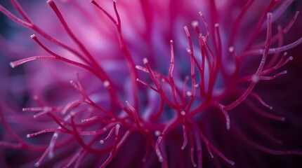 Close-up abstract image featuring numerous thin, branching magenta filaments with tiny white tips