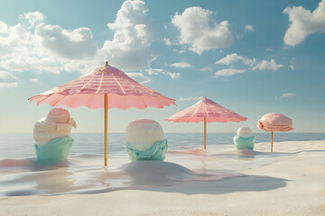 Pastel-colored ice cream and cotton candy on a beach scene under pink umbrellas.