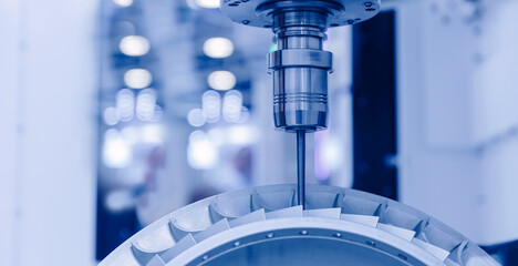 Banner industry CNC, milling machine process cutting turbine impeller and blades part by mill tool, blue light toning