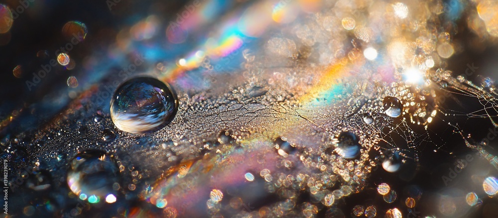 Poster macro shot of dew drops on a textured surface, reflecting iridescent colors and light.