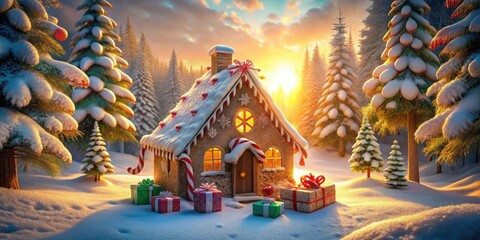 Fototapeta premium Enchanted Winter Wonderland A Cozy Gingerbread House Nestled Amongst Snowy Evergreens at Sunset with Presents