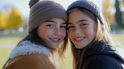 Obraz premium Close up of pre-teen friends in a park smiling to camera