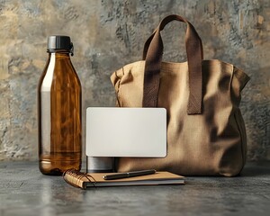 Blank gift card with welcome kit items on desk