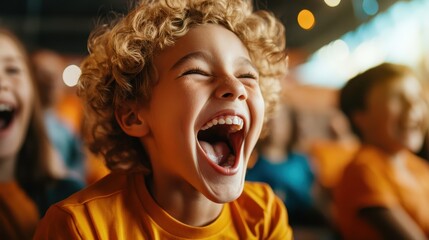 A young child wearing an orange shirt laughs joyfully amid an audience, capturing the essence of enthusiasm and camaraderie in a shared moment of entertainment and fun.