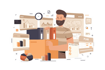 Budget bookkeeping illustration set. People doing paperwork. Characters accounting debit and credit, calculating bills and income taxes. Financial management concept. Vector illustration.