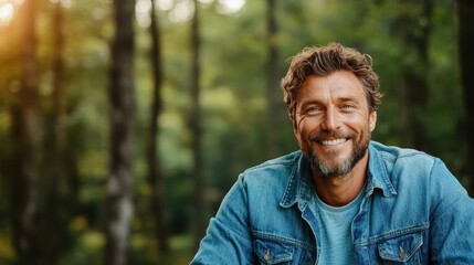 A joyful man with a beard smiling amidst a green forest illuminated by warm sunlight, capturing the essence of happiness and connection to the natural environment.