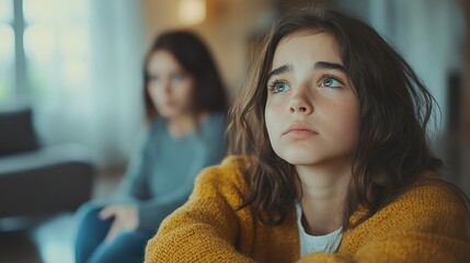 Depressed sad teenage girl sitting and hugging her knees, looking away while mother sitting next daughter. Communication problems between parent and kids