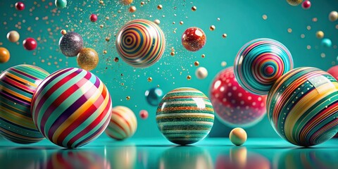 A vibrant collection of multicolored spheres, adorned with stripes and sparkles, playfully suspended in mid-air against a teal backdrop.