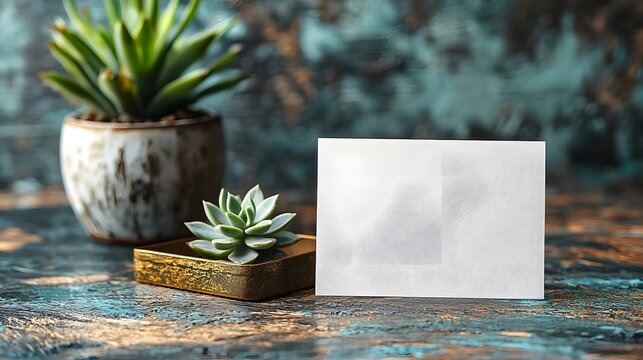 A white card with gold edges resting beside a potted succulent on a wooden desk
