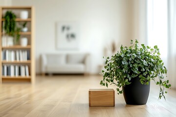 Indoor Plant in Pot with Wooden Block on Parquet Floor in Bright Airy Room