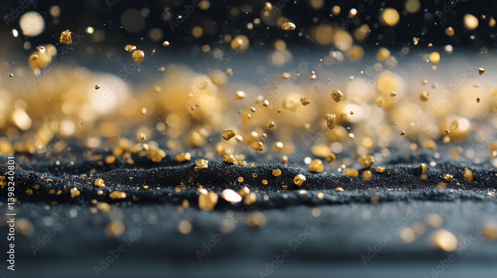 Poster golden particles floating above a dark textured surface with blurred background elements in the scen
