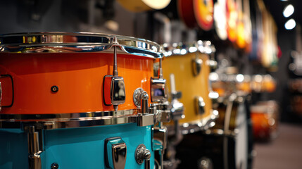 Brightly colored drum sets are displayed in a lively music store, attracting both budding and experienced musicians who seek inspiration