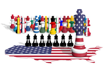 Chess made from US and EU members flags. Europe Union and USA trade, tariffs and duty war