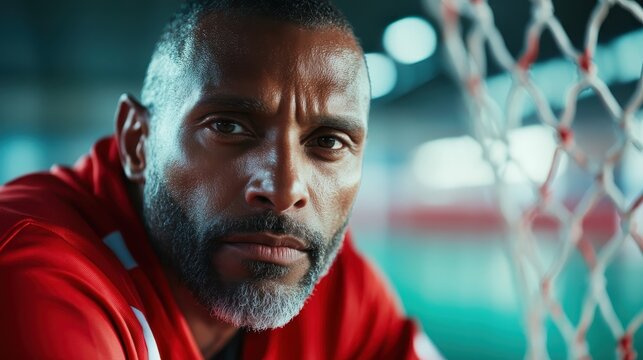 This image presents a coach intensively focused near a basketball hoop, illustrating a blend of determination, authority, and commitment to the dynamics of the sport.