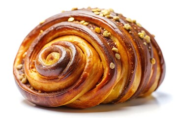 Fototapeta premium Close up of a delicious looking cinnamon roll pastry with nuts on top on a white background