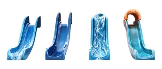 A collection of four distinct blue plastic water park slides with liquid motion effects isolated on transparent background.