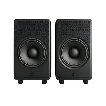 Dynamic computer accessory showcase cutout background black speakers minimalist environment top view modern design