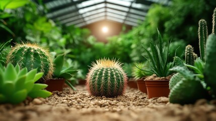 An intriguing array of cacti and succulents adorns the floor of a vibrant greenhouse, showcasing the diversity of plant species and their adaptability in a sunny atmosphere.