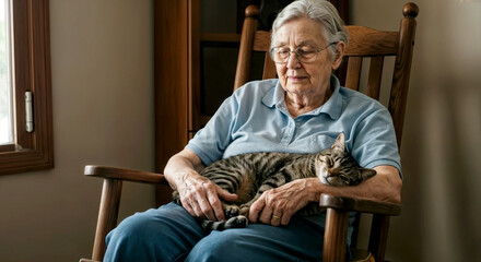 Elderly woman sitting in rocking chair with sleeping cat resting peacefully on her lap