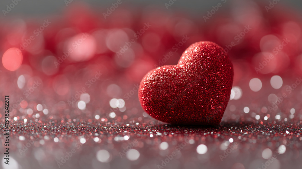 Poster a close up of a red glitter heart on a surface covered in red and silver glitter bokeh effect backgr