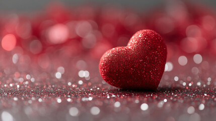 Obraz premium A close up of a red glitter heart on a surface covered in red and silver glitter bokeh effect background