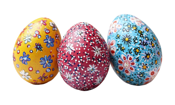 Three Colorful Hand Painted Eggs with Floral Patterns on Transparent Background, cut out.