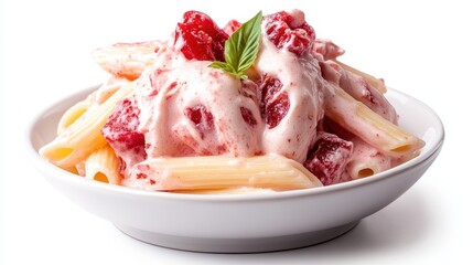 A delightful creamy pasta salad featuring strawberries and fresh basil, combining texture and flavor in a visually appealing dish that is perfect for warm weather gatherings.