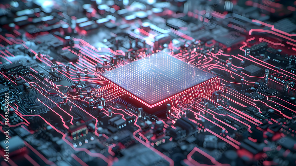 Poster high tech circuit board with glowing microchip