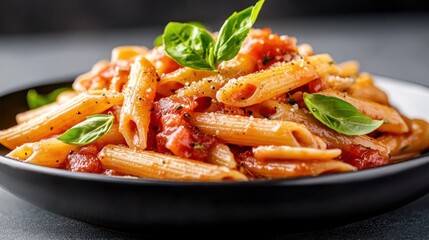 An appealing bowl of penne pasta tossed in rich tomato sauce and garnished with vibrant basil leaves, embodying warmth and comfort in Italian home cooking.