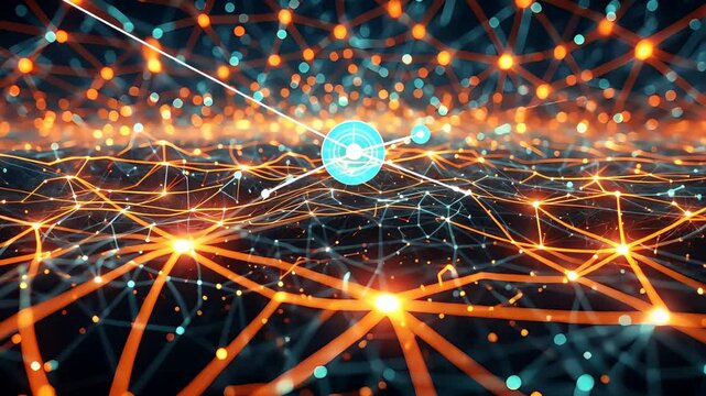 Abstract Digital Network with Glowing Orange and Blue Data Nodes Connected by Lines in Futuristic Technology Grid

