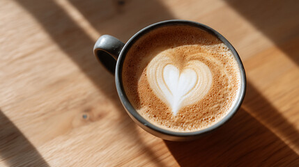 Close up of a latte art heart in a gray mug on a wooden table with sunlight creating shadows