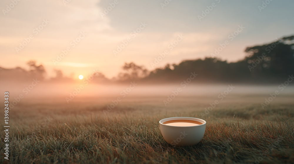 Poster a bowl of soup sits on the grass in a field with fog and a sunrise in the background creating a sere
