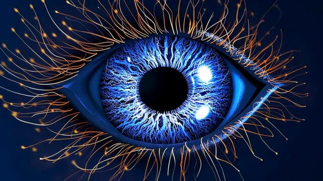 Glowing digital eye, network data streams, dark background, surveillance concept