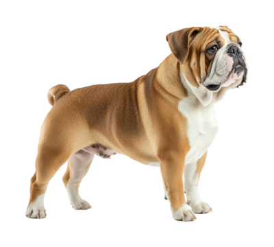 Playful bulldog posing at home pet creative angle canine charm. Isolated on transparent background, png.
