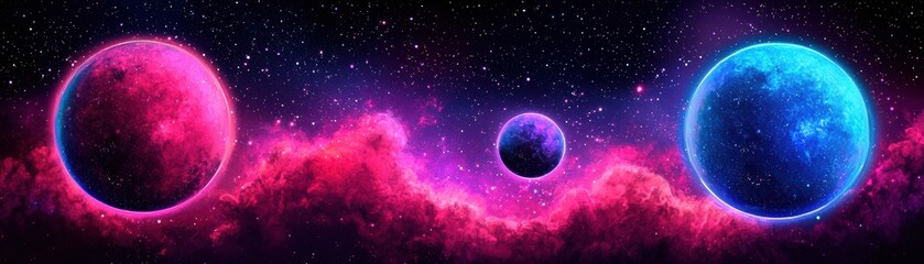 Obraz premium Colorful cosmic scene with vibrant planets and swirling nebulae.