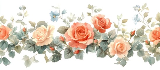 Pastel roses border, floral design, white background, wedding stationery