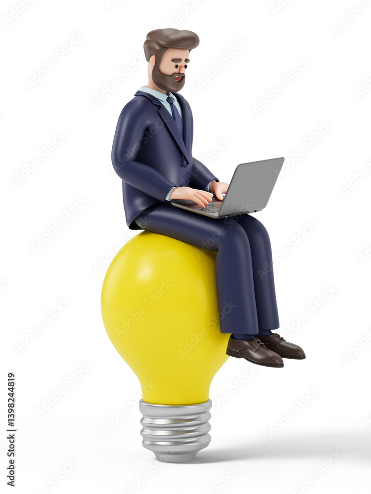 Poster a man sits on a large yellow light bulb while using a laptop, symbolizing innovative thinking or the
