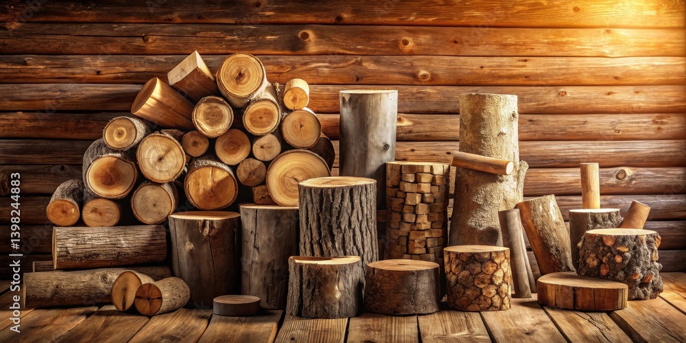 Poster rustic wooden logs and tree trunk slices arranged against a log cabin wall